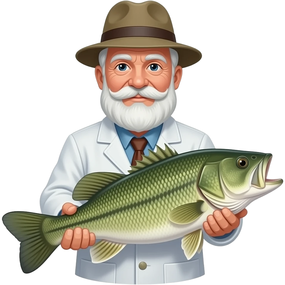old fisherman with a white coat on and hat holding a huge bass emoji