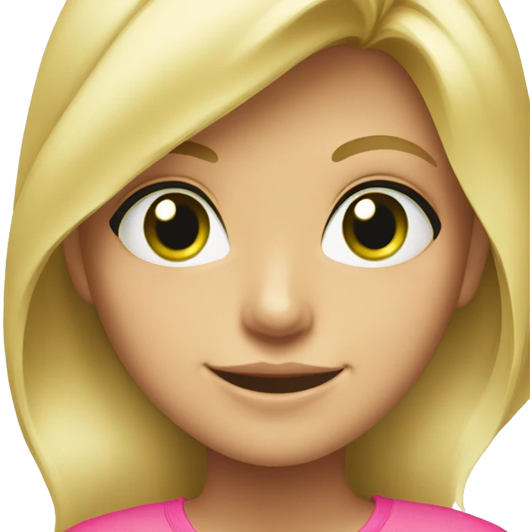 Blonde girl with green eyes wearing a pink shirt and smiling emoji