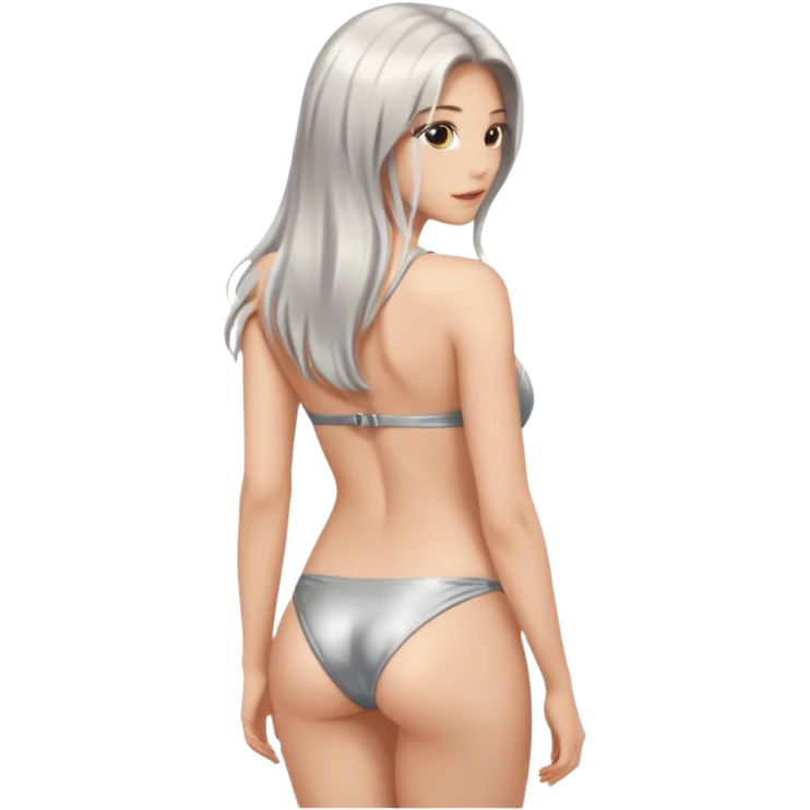 woman with light long hair in silvr bikini looking at the camera from back with sexy pose emoji