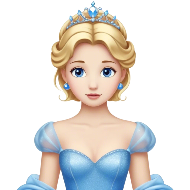 Cinematic Stunning Cinderella Portrait Emoji, Radiant in her sparkling blue ball gown, golden hair in a perfect updo, soft blue eyes full of wonder, glistening tiara, glowing with an ethereal beauty, regal yet kind, a dreamlike aura surrounds her, capturing the essence of a fairy tale princess, elegant and breathtaking! emoji