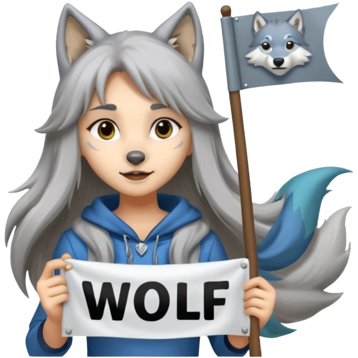 Wolf girl holding a banner that say #Wolf99 emoji