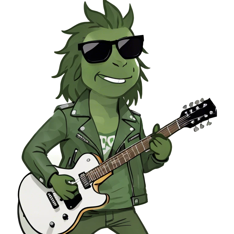 Super strong rockstar on the guitar while being shined on by a massive spotlight with his hair blowing and a cool aura emoji