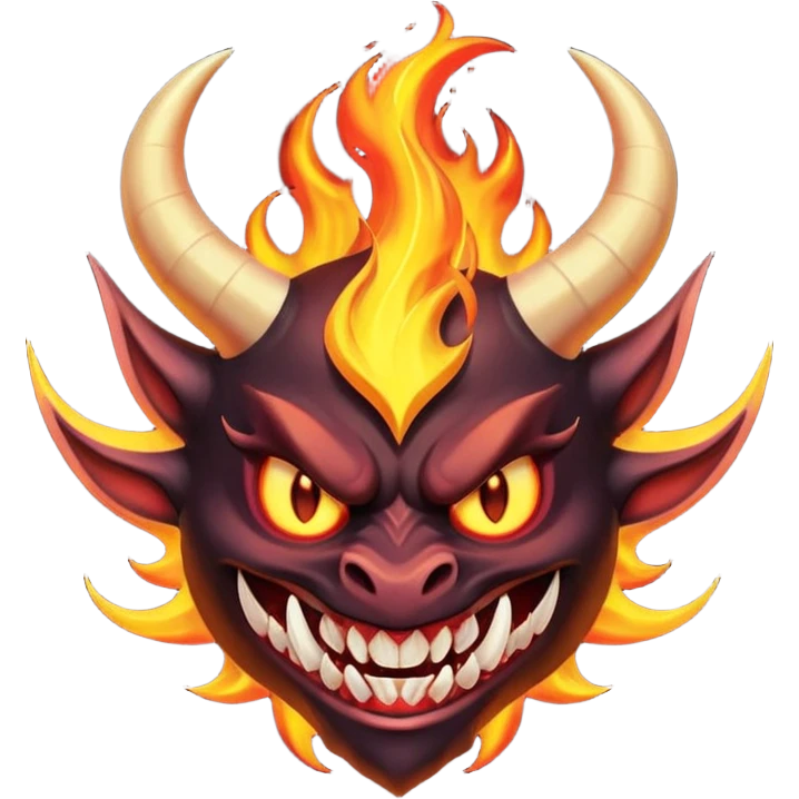 Create a dark-themed emoji of a demonic face with sharp, curved horns, glowing white eyes, an evil grin with large pointed fangs, and abstract flame-like patterns around the face.  emoji