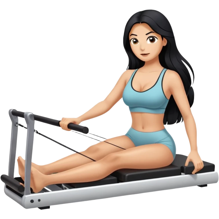 woman with bra, tanned long black hair, doing Pilates reformer  emoji