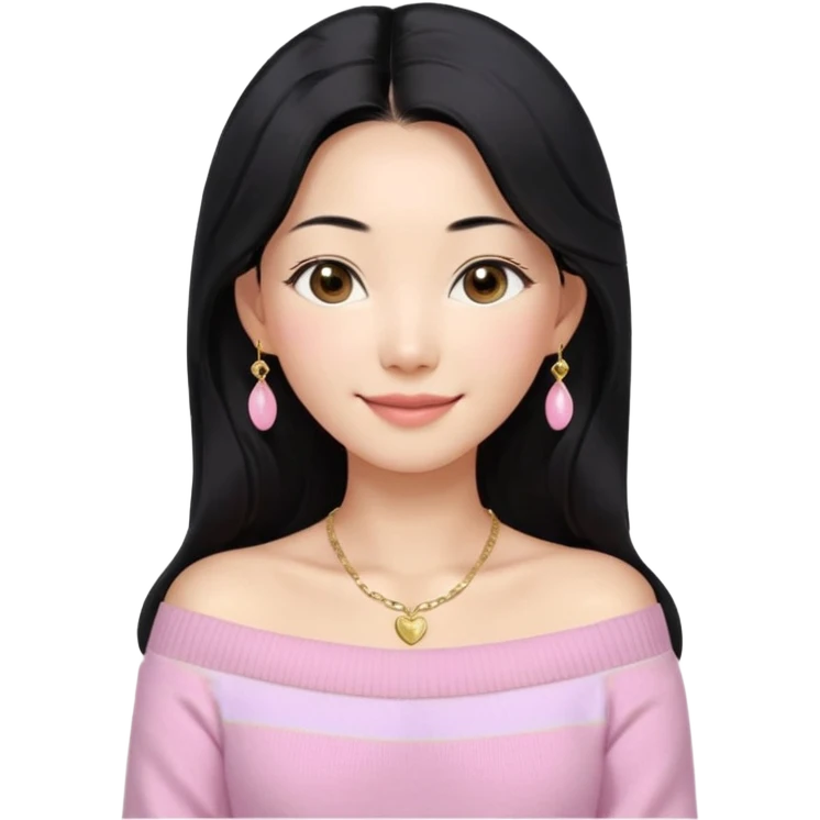 South Korean girl in her mid-thirties with long black hair and a middle part. She is wearing a baby pink, off the shoulder long sleeve knit sweater. She has small gold earrings and a gold necklace. She has brown eyes with narrow, mono lid shape and smiling with lips together emoji