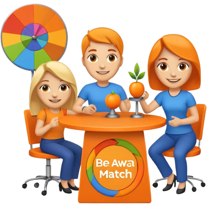emoji of a recruitment booth. Two cartoon figures stand behind an orange table with 'MARROW, be a match' branding, a colorful spinning wheel, and a branded vertical banner. Simplified and cute. There should not be fruit in the picture.  emoji