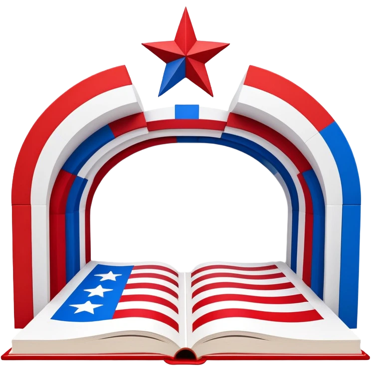 Theater scenography book with pages forming the Puerto Rican flag design, red and blue stripes with white star, showing stage elements and set designs emoji