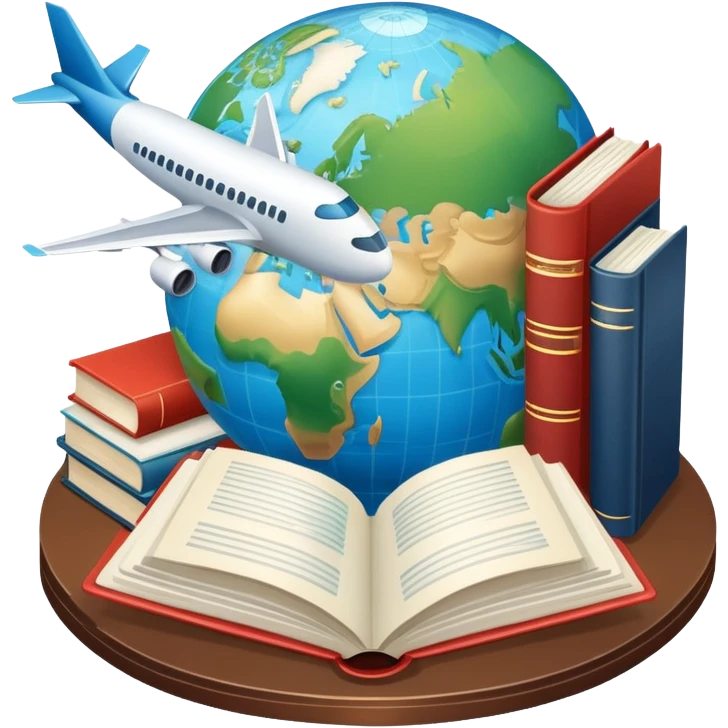 An icon featuring hotel building, globe, books, documents, an airplane, symbolizing the study of tourism and hospitality. The design highlights the global travel industry, with elements of research, planning, and international travel. Transparent background emoji