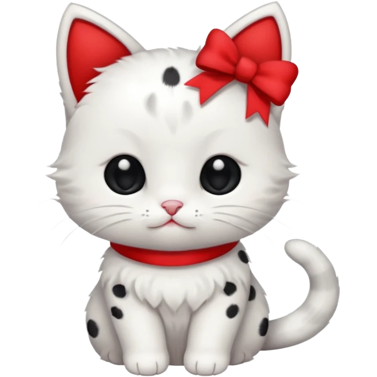 small white kitty with small black spots and a red bow, cute and simple emoji