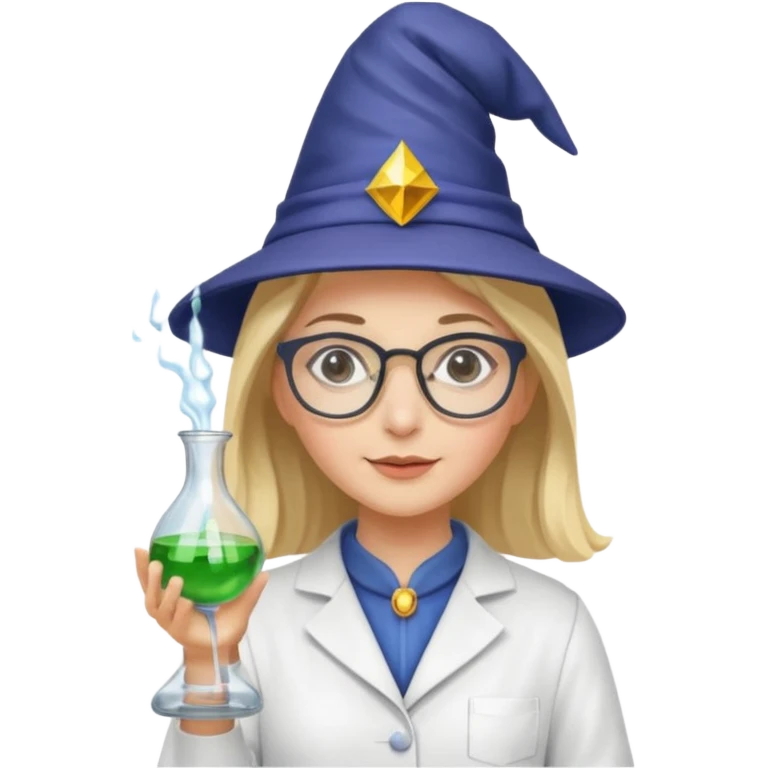 woman scientist with glasses, wearing wizard hat custome, with glass vase emoji