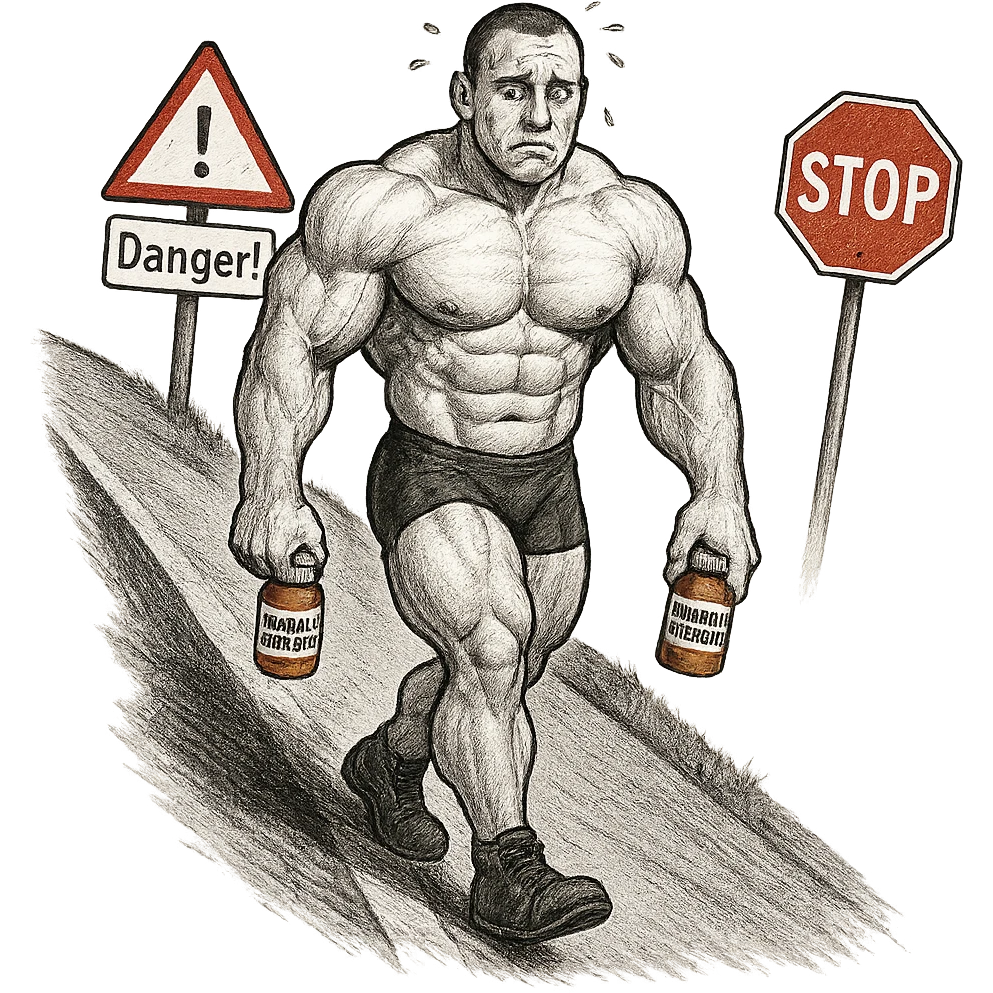bodybuilder walking down a downhill road with 'Danger!' and 'Stop' signs, holding bottles of anabolic steroids, worried expression, risky atmosphere, isolated on white background emoji