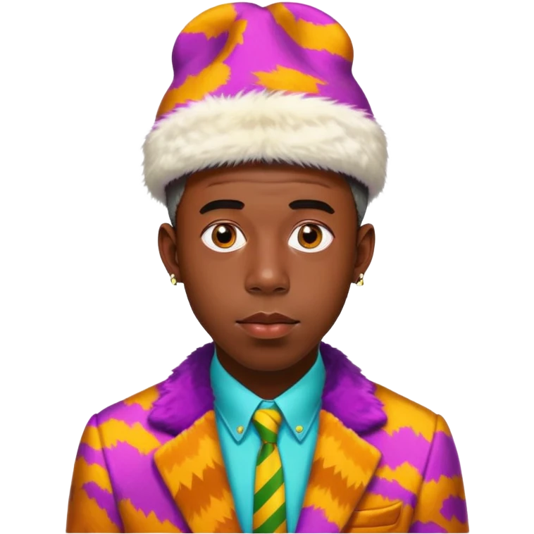 Tyler the Creator in his CHROMAKOPIA colorful suit with fur hat emoji