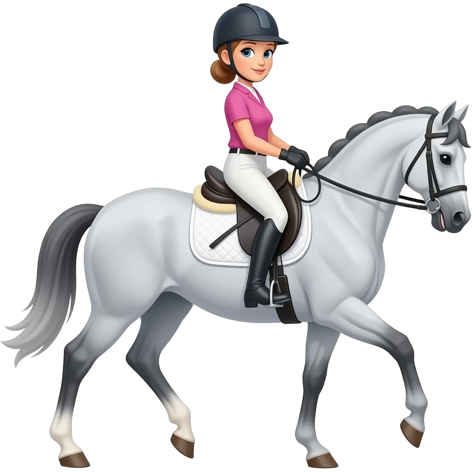 female in early forties, light brown hair tied back in bun with riding hat on, blue eyes, wearing grey riding boots and a pink top, riding grey dressage horse with long dark grey mane in piaffe horse emoji