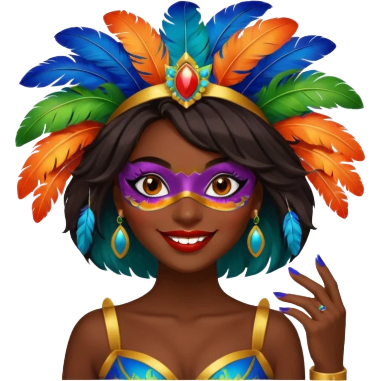 i need the same girl in "dark skin girl, dark red lipstick, nails very beautiful" to be smiling in "carnival mas costume, blue, green and orange preferably, full costume feathers at the back" she is to be smiling, hair should be dark and in a bob  emoji