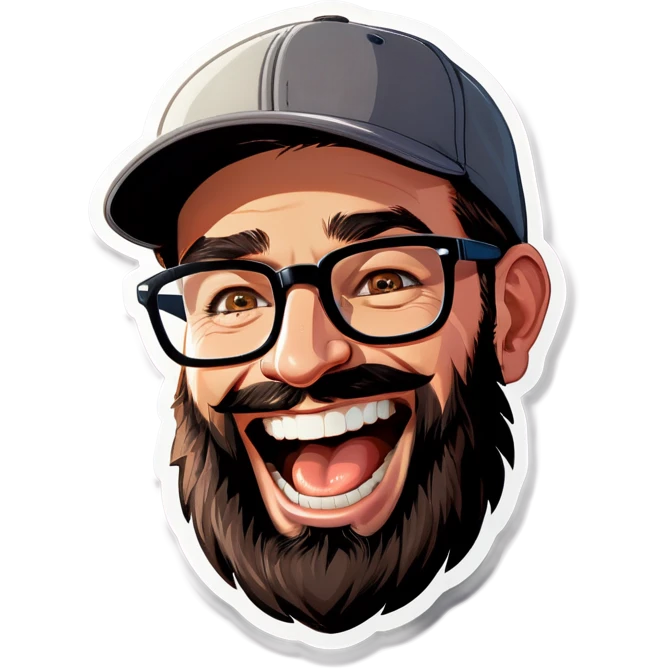 A man with a grey baseball cap, hazel eyes, big dark brown beard and glasses, laughing emoji