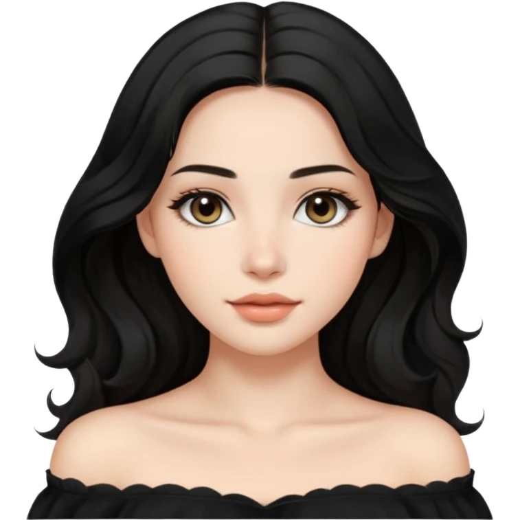 A realistic 3D avatar of a young woman with a soft oval face, slim cheeks, natural almond eyes, long wavy black hair, minimal makeup, wearing a black off-shoulder top, elegant and aesthetic, not cartoonish. emoji