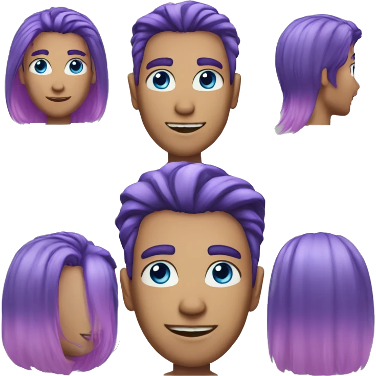 A person with purple hair with pink highlights, blue eyes and slightly sharp teeth is a human. The hair is medium long, not women's long, but long that reaches the ears. he IS a Man emoji