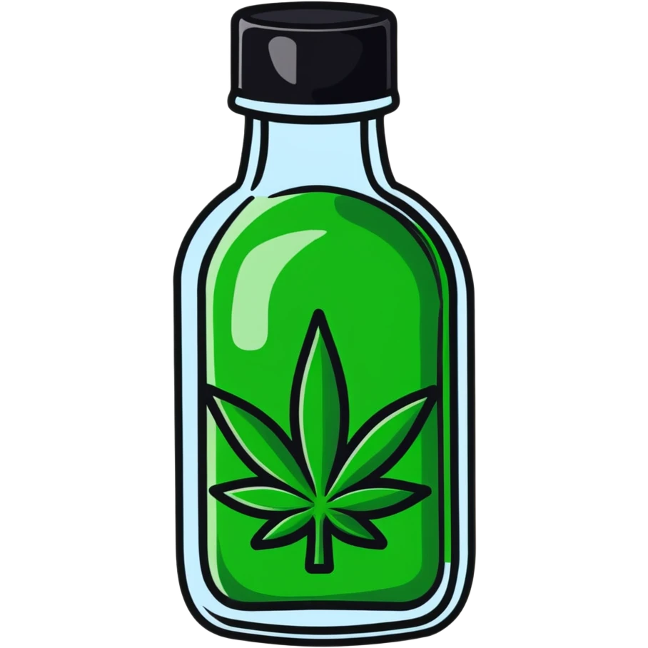 Curved red glass bottle like Coca-Cola with a green cannabis leaf printed on it and a label emoji