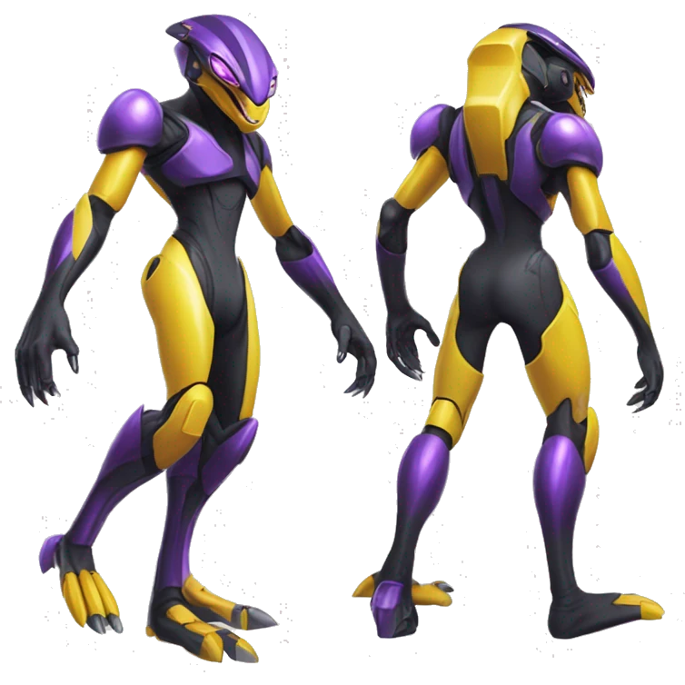 a shiny black-purple-yellow Genesect-Raptor-Fakémon—hybrid with a futuristic visor-helmet full body emoji