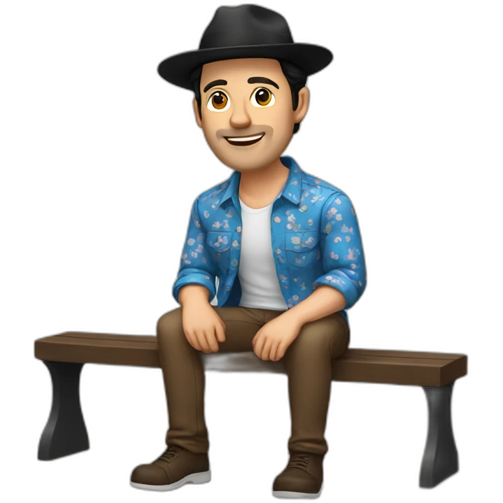 White Man with black hair, strip blue flowered shirt, brown hat, setting on a bench emoji