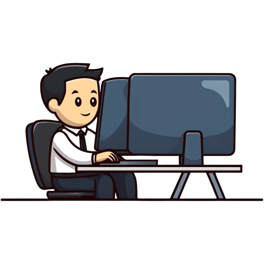 hombre con vestimenta semi-formal, de perfil, frente a una computadora en una mesa sencilla emoji