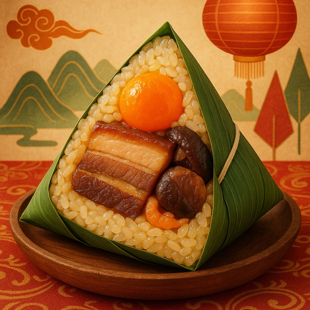 A zongzi with a cross-section showing sticky rice, salted egg yolk, braised pork belly, mushroom, and dried shrimp, wrapped in green bamboo leaves, for Dragon Boat Festival. emoji