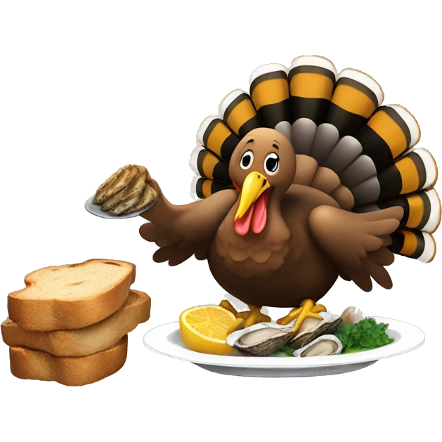 Turkey holding slice of dark, black toasted bread with pan of oysters, fire emoji