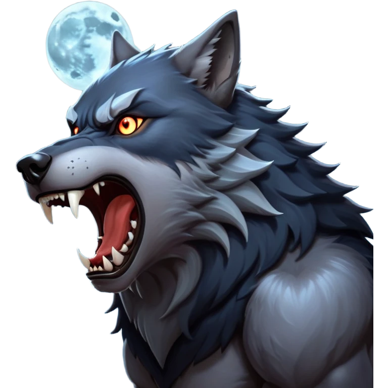 cinematic-noble-fierce-werewolf-howling-portrait-emoji, poised-and-imposing, with a fierce wolfish face tilted upwards in a haunting howl, glowing eyes full of primal ferocity, sharp, and a rugged snout, fur rippling in shades of midnight black and silver, muscles tensed as the powerful howl echoes beneath the moonlit sky; rendered with realism, capturing the raw, untamed power of the beast in its wild, primal state emoji