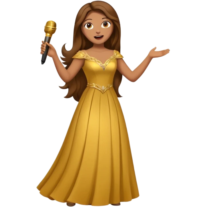 woman opera singer singing with long brown hair and golden dress and entire body emoji