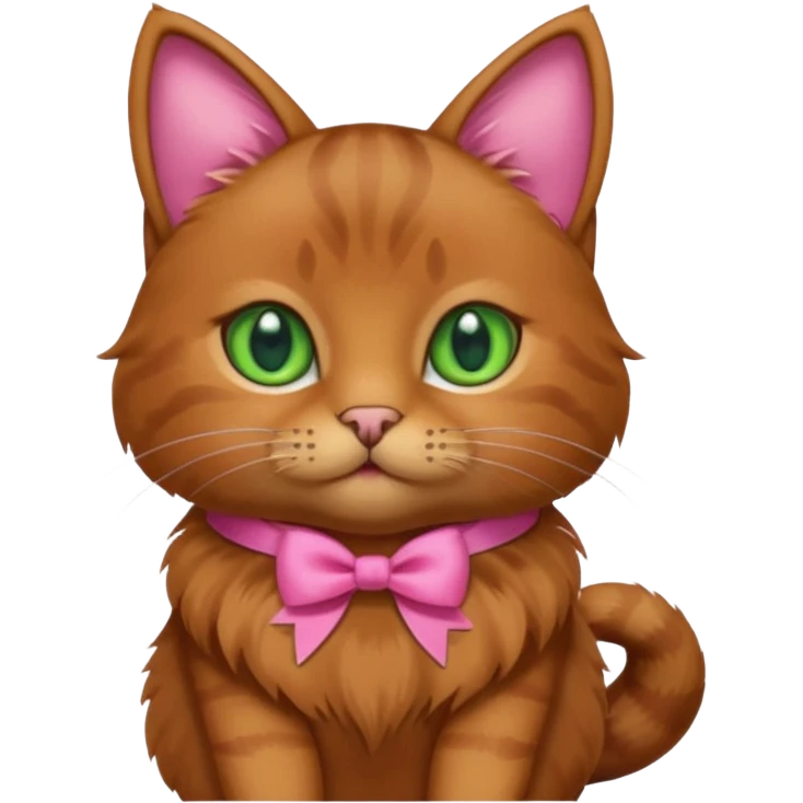   brown cat with green eyes and a pink bow emoji
