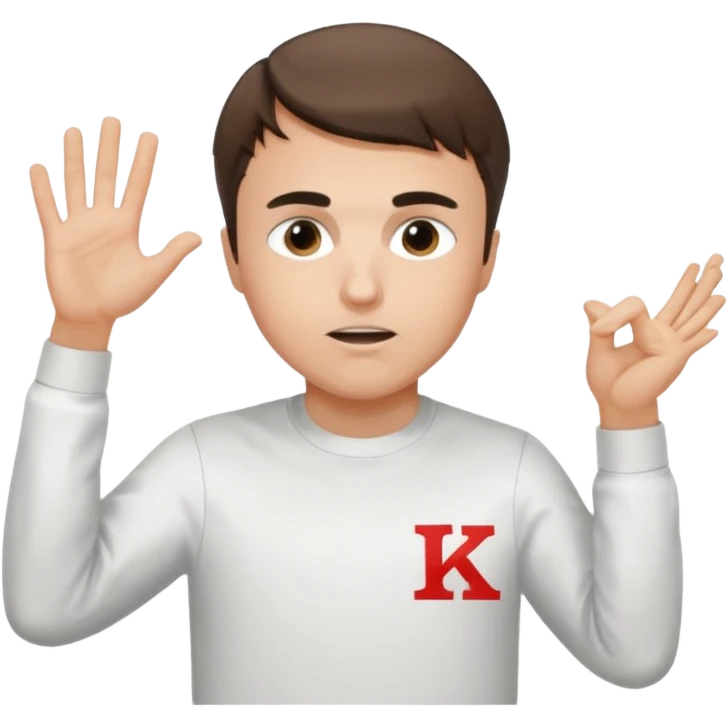 Charlie Kirk with a Charlie Chaplin mustache with a white freedom shirt while throwing up the letters c and k emoji