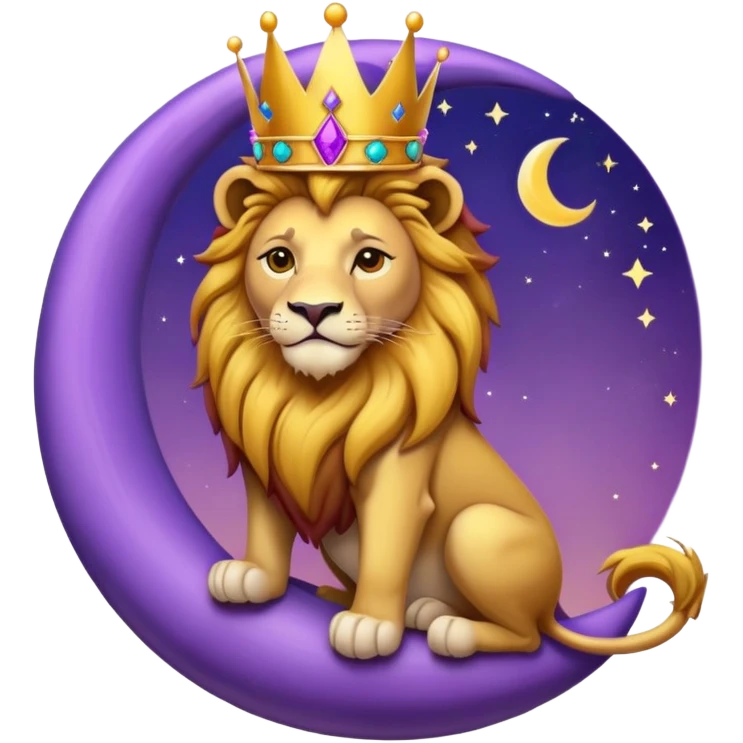 Lion with a crown sitting on a purple crescent moon  emoji