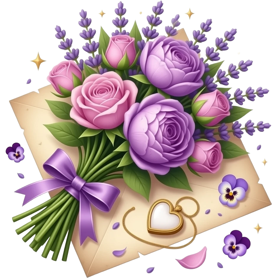 A vintage bouquet of lavender, mauve roses, and violet peonies rests on an aged love letter, tied with an amethyst ribbon. A small heart locket glows, with scattered pansies and faint golden stars adding a soft, celestial romance. emoji