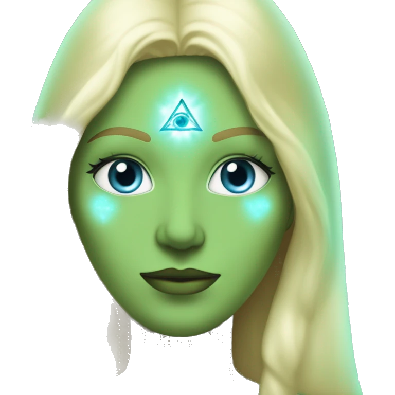 nordic pleiadian in green clothing with thin face long blonde hair and blue eyes third eye glowing emoji