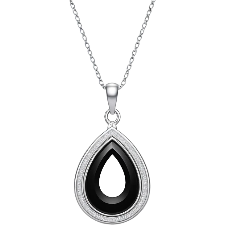 black onyx pendant with a faint white glow emerging from its center, symbolizing hidden power, on a delicate silver chain that flows like liquid emoji