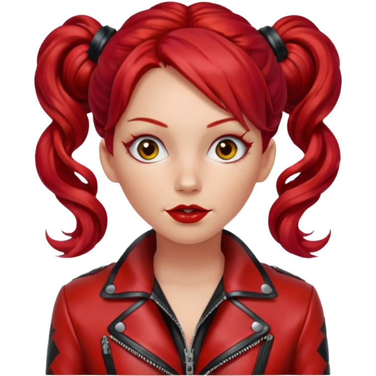 A woman with strikingly long, wavy, vibrant red hair, which is styled with two small buns on top of her head. She is wearing a shiny red leather jacket over a red top with a black patterned trim. She's gagged emoji