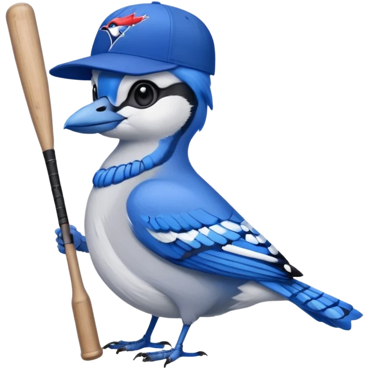 bluejay standing with baseball bat, wearing toronto blue jays baseball hat, sitting on canadian goose
 emoji