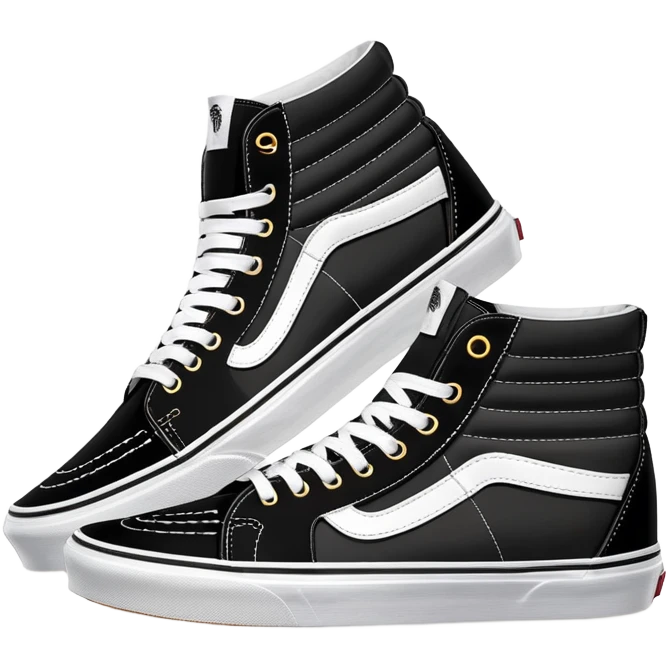Black Vans Sk8-Hi shoes arranged as a neat pair with the back shoe slightly offset behind the front one, detailed high tops with signature white stripe and waffle soles emoji