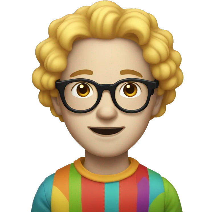 A white boy with black long hair, thin round glasses. He's wearing a clown costume with a lot of colors emoji
