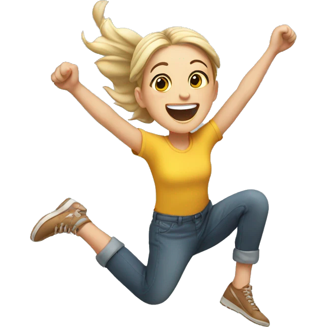 White girl jumping and smiling emoji