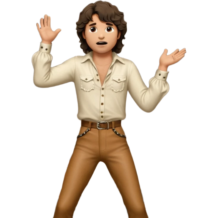 solarpunk realistic ultra HD - a thoughtful, messy, shaggy Jim Morrison in an ivory Victorian shirt, in an ecstatic dramatic pose, singing on stage emoji