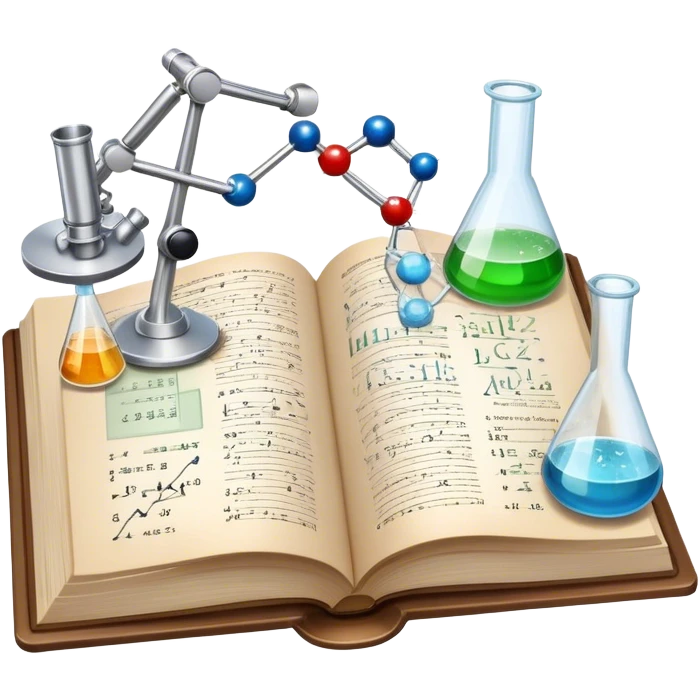 Icon for Scientific and Educational Reading: an open book with mathematical and physical formulas on the pages, with molecules and atoms flying out. On the desk are test tubes, flasks, and a microscope. Transparent background. emoji