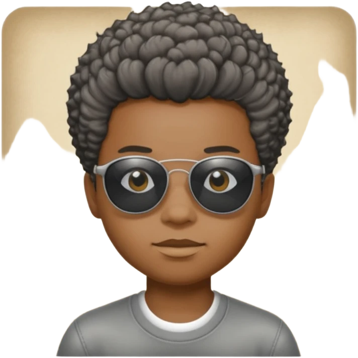Un garçon,de couleur noir avec des lunettes de soleil grise,il a des cheveux crépus et au dessus de sa tete il est écrit BOUSS  emoji