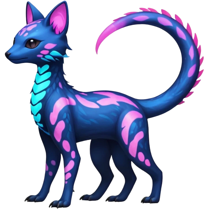 Rare realistic dark-neon glowing bioluminescent edgy badass epic pretty beautiful handsome gorgeous aesthetic colorful vibrant Vernid-Trico-species-Fakemon-creature by LiLaiRa, 4 legs, 1 tail, random markings, (full body) emoji