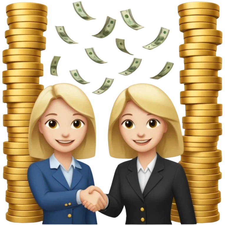 Девушка получает много денег и заключает выгодное сотрудничество. Она жмет руку коллеге и вокруг мешки денег  emoji