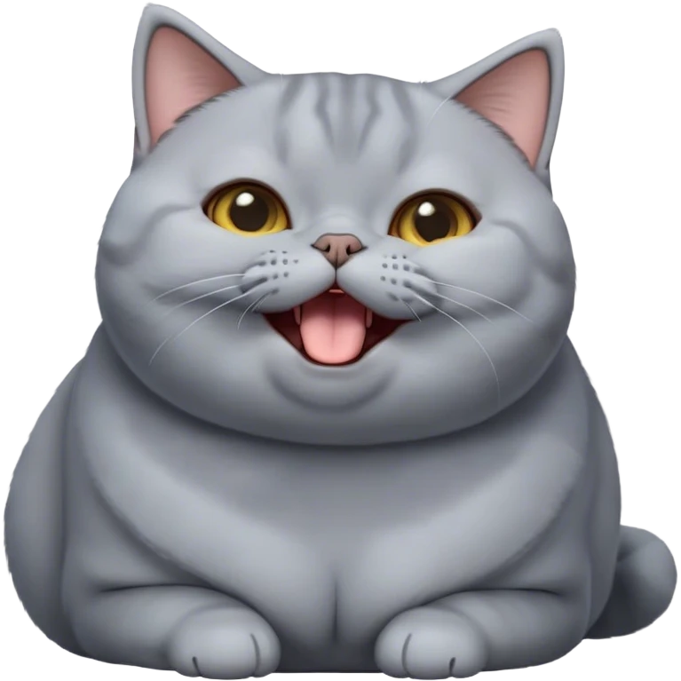 Cinematic Cute Chubby Grey British Shorthair Cat Portrait Emoji, Head tilted playfully and yawning, round and plump body with sleek soft grey fur and subtle blue undertones, Simplified yet adorable features, highly detailed, glowing with a warm, friendly glow, high shine, curious yet calm, stylized with a touch of whimsy, bright and endearing, soft glowing outline, capturing the essence of a mischievous yet loving and lazy kitty, so cute it feels like it could stretch out of the screen and cuddle! emoji