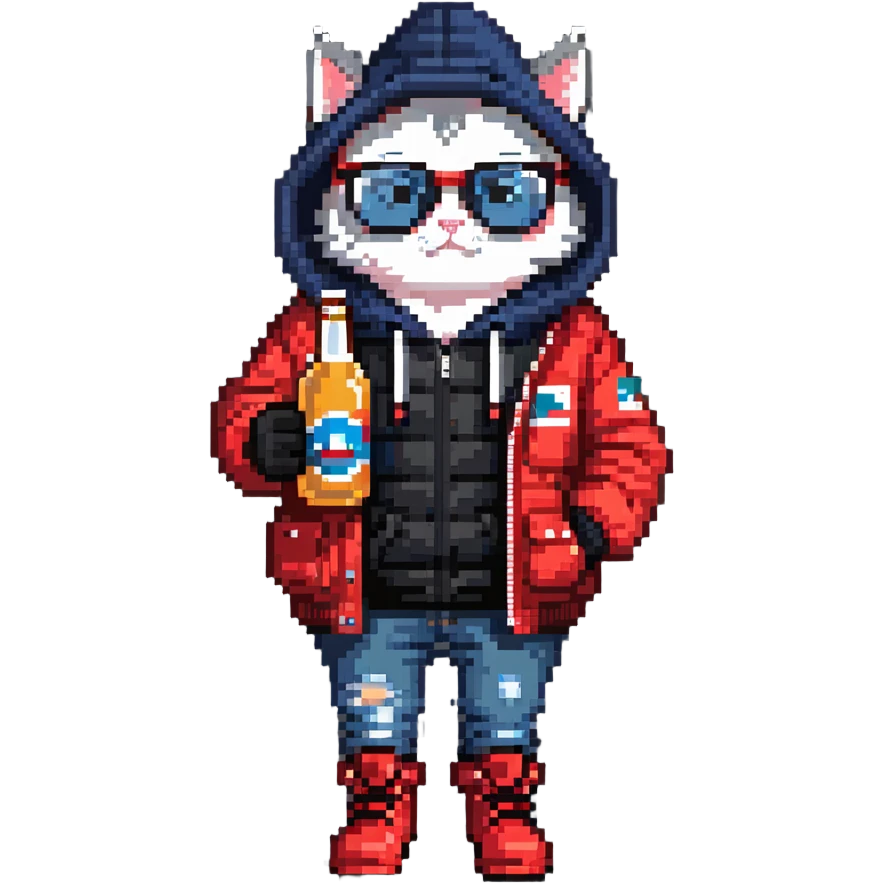 Catfish in red winter jacket with hood, round glasses, blue jeans, red boots, holding a beer can with red label, retro game style emoji