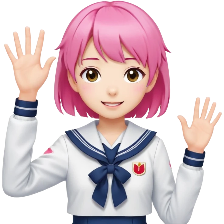 Anime girl with short bright pink hair wearing Japanese sailor style school uniform, composed posture with hand on hip but energetically waving with other hand, excited smile and happy eyes emoji