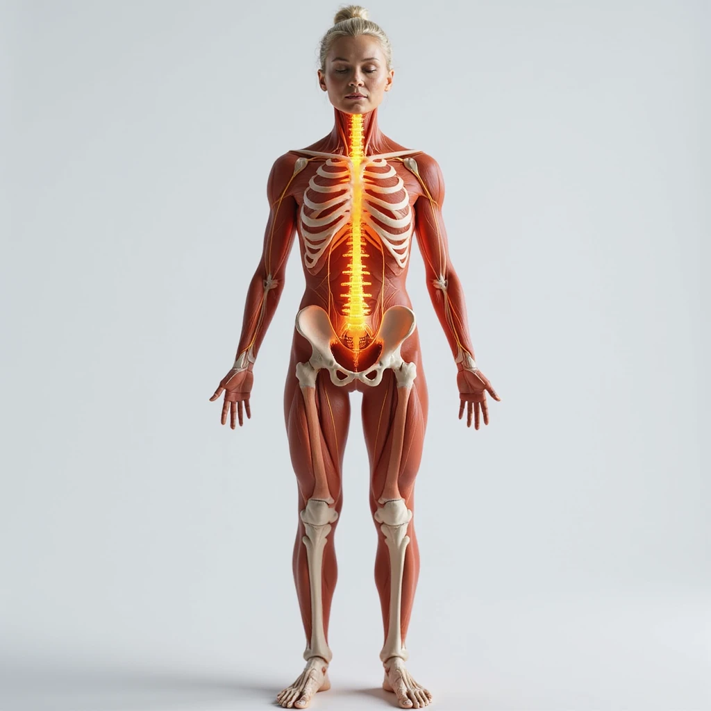 hyperrealistic 4K anatomical frontal view of a woman, highlighting the sciatic nerve path visible through the body, muscles and bones transparent, neutral background emoji