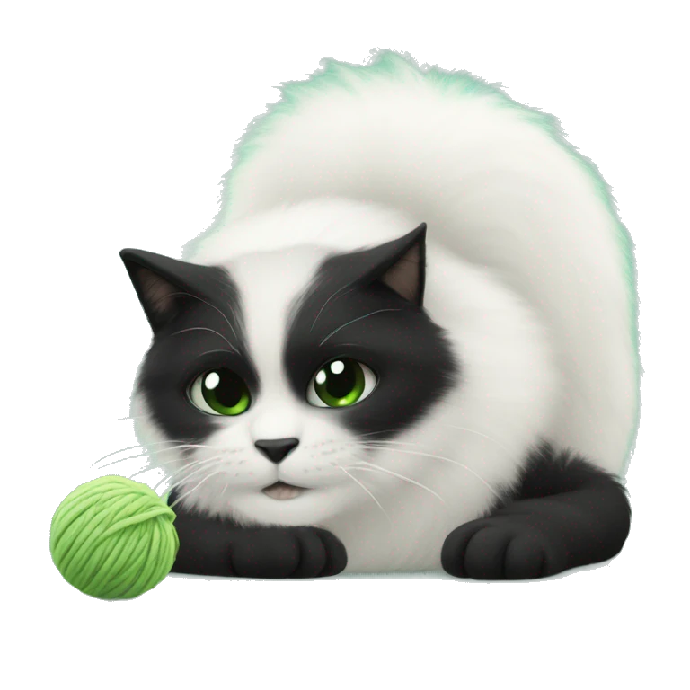 Gato blanco y negro peludo jugando con un ovillo de lana verde emoji